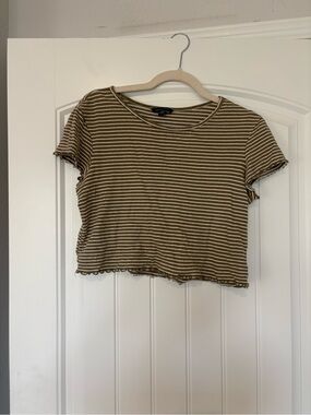 American Eagle Outfitters Olive and White Striped Cropped Tee
